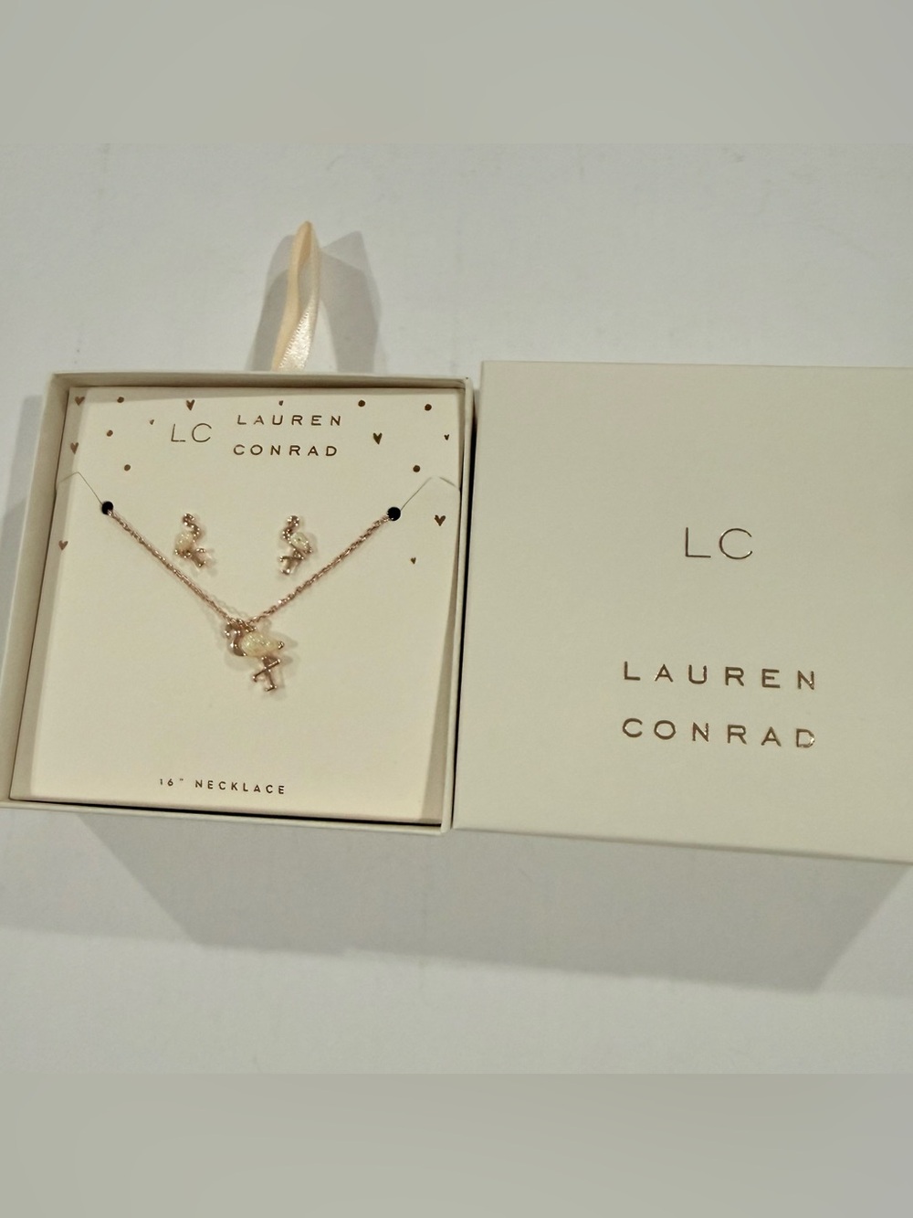 LC Lauren Conrad Rose Gold Flamingo Pendant Necklace Earring gift Set opalite